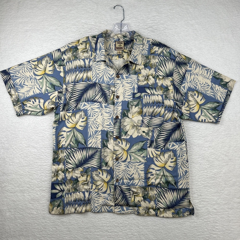 Tommy Bahama Silk‎ Hawaiian Camp Shirt Blue Floral Palm Men's Large